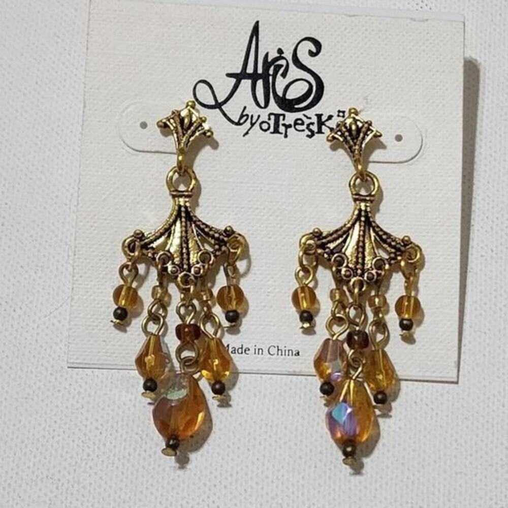 Aris by Treska Chandelier Earrings‎ Gold Tone Amber Crystal Beaded Drop Dangle